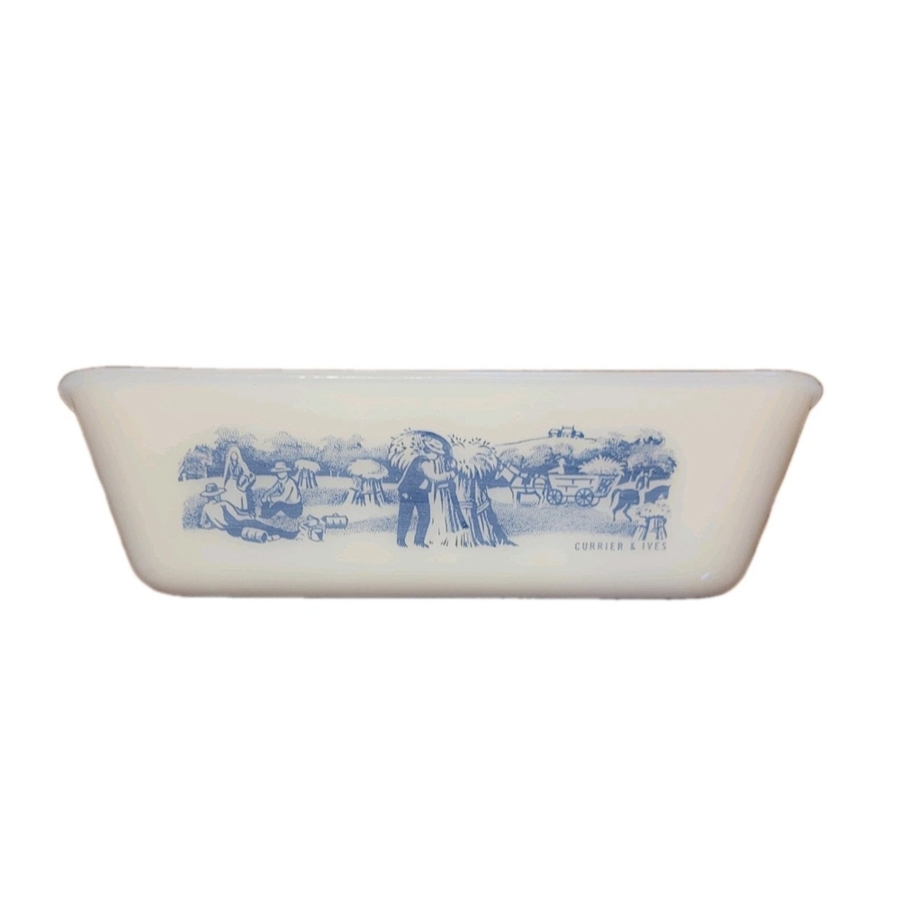 Vintage Glasbake Currier and Ives Milk Glass Loaf Pan Farm Scene Baking Dish